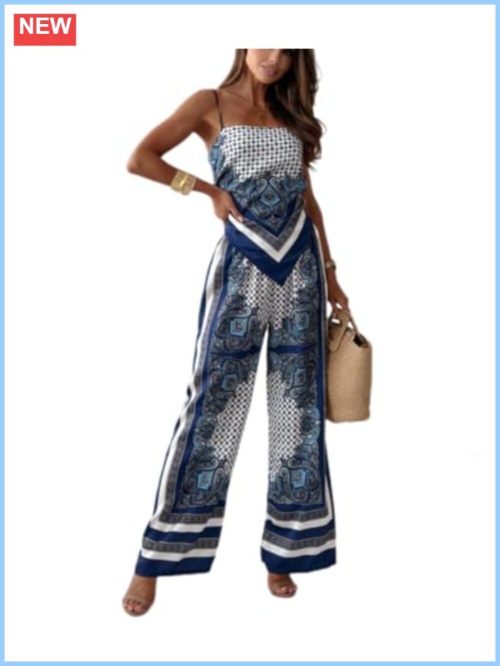Womens Paisley Print 2 Piece Outfit Sleeveless Cami Wide Leg Pants Boho Beach